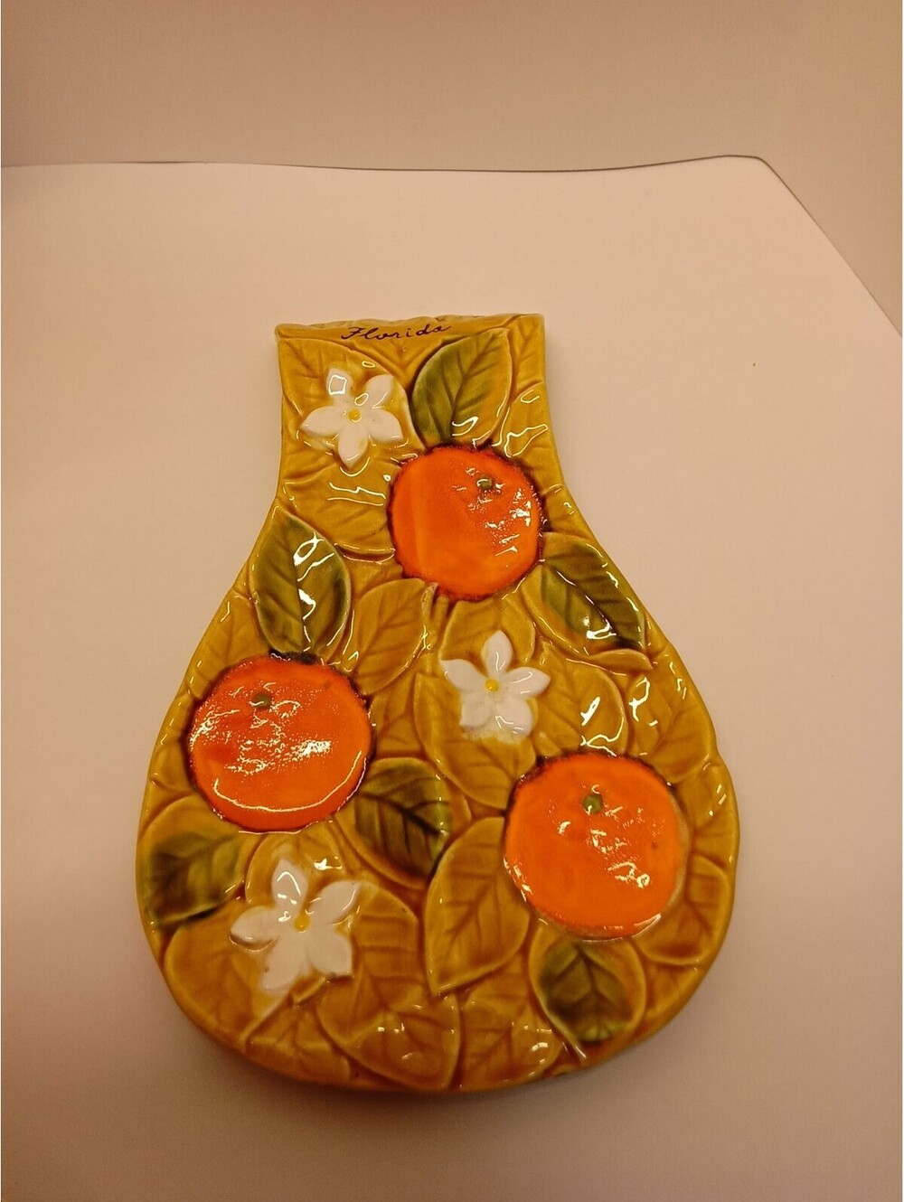 Vintage Ceramic Florida Floral Oranges Spoon Rest Trinket Dish Pottery